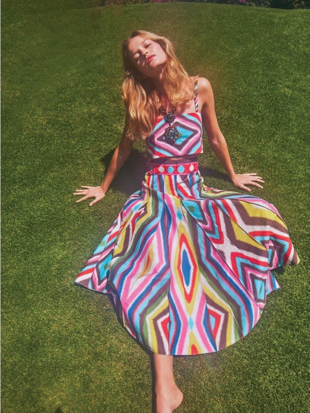 Alexis Set Top & Skirt Multi Geometric Striped Tasseled Pleated Midi Size S